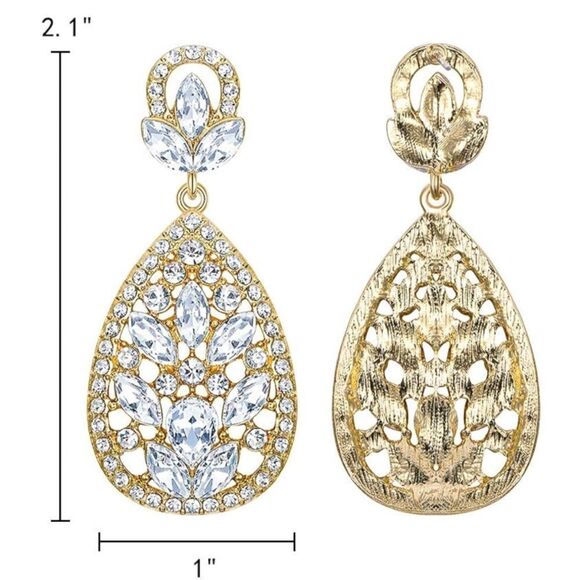 Yellow Gold with White Diamond Austrian Crystal Teardrop Chandelier Earrings - Picture 7 of 7